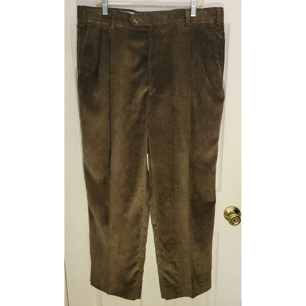 Berle Mens‎ Pleated Corduroy Dress Pants Brown Straight Leg Trousers 38 R 18151